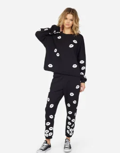 Best Alana White Foil Scattered Lips Women Crop Sweatpants
