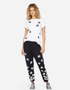 Best Alana White Foil Scattered Lips Women Crop Sweatpants