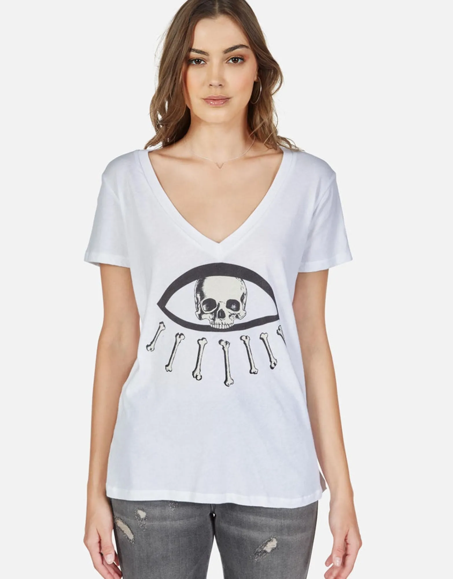 Hot Bone Skull Bone Eye S/S V-Neck Tee | Cruz By Women Short Sleeve