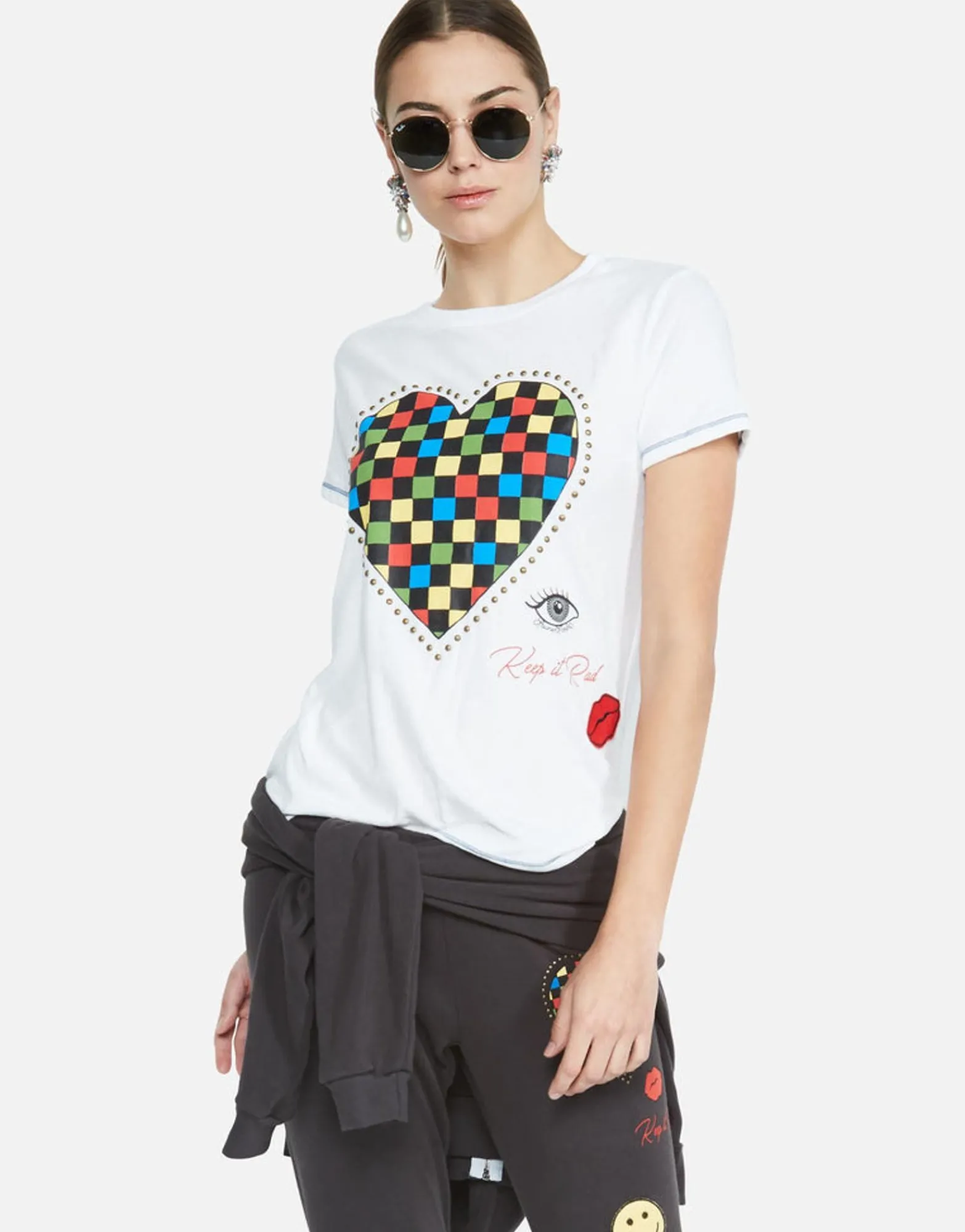 Flash Sale Color Checkered Heart S/S Tee W/ Studs | Aviana By Women Short Sleeve