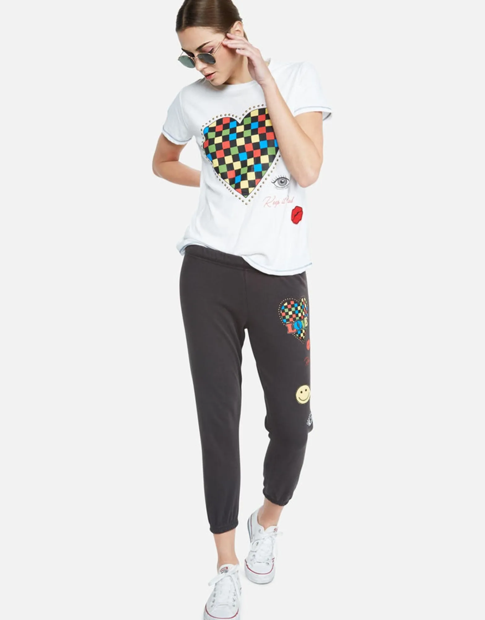 Flash Sale Color Checkered Heart S/S Tee W/ Studs | Aviana By Women Short Sleeve