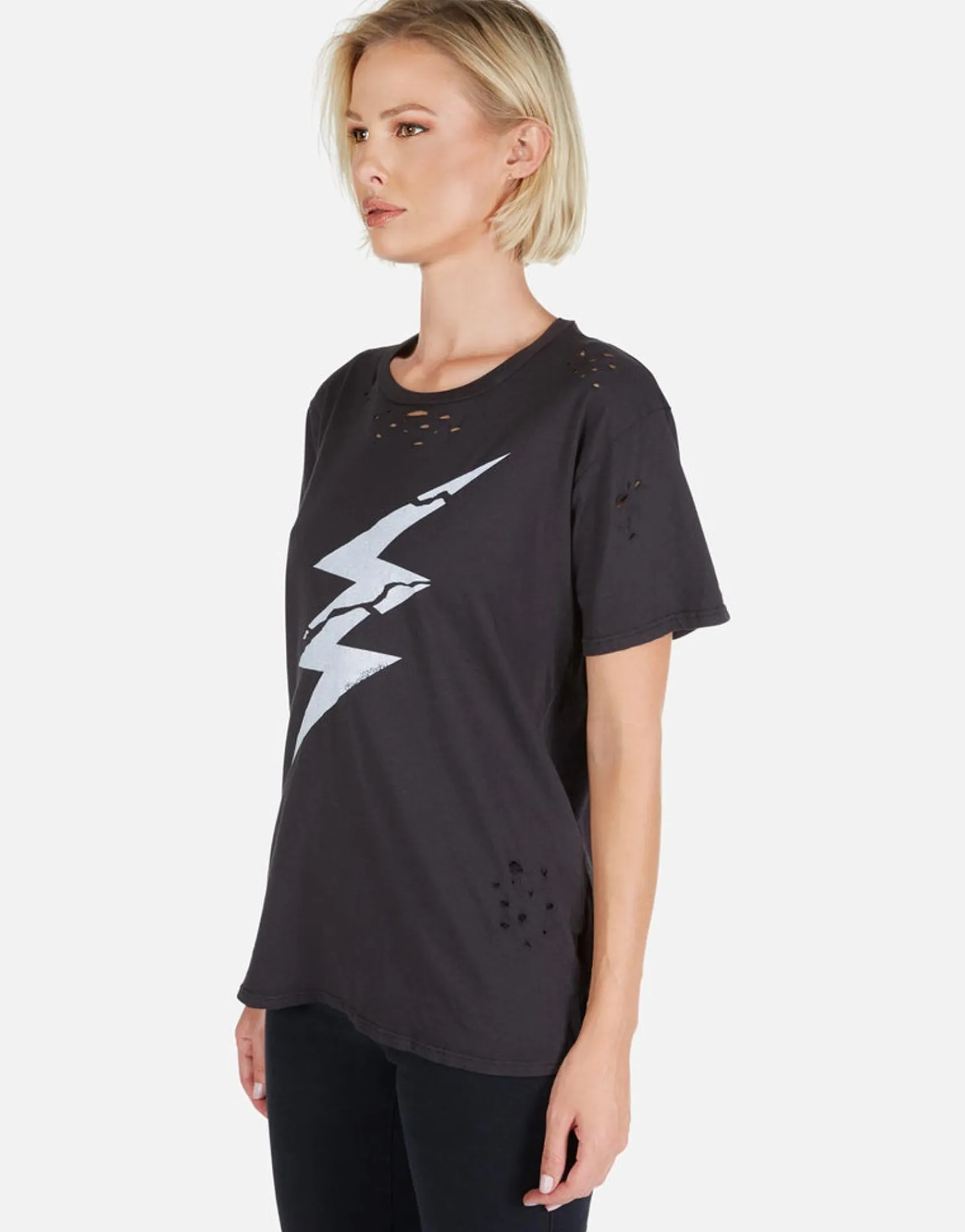 Cheap Cracked Lightning Bolt Distressed Tee W/ Holes | Wof By Women Short Sleeve