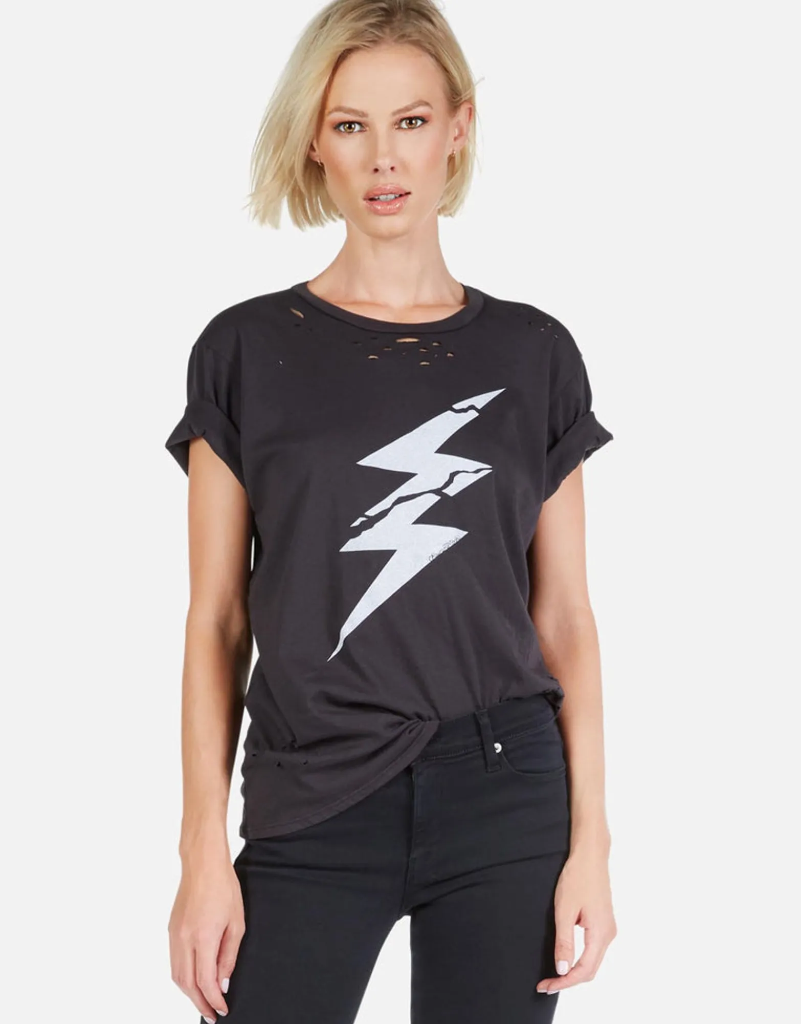 Cheap Cracked Lightning Bolt Distressed Tee W/ Holes | Wof By Women Short Sleeve