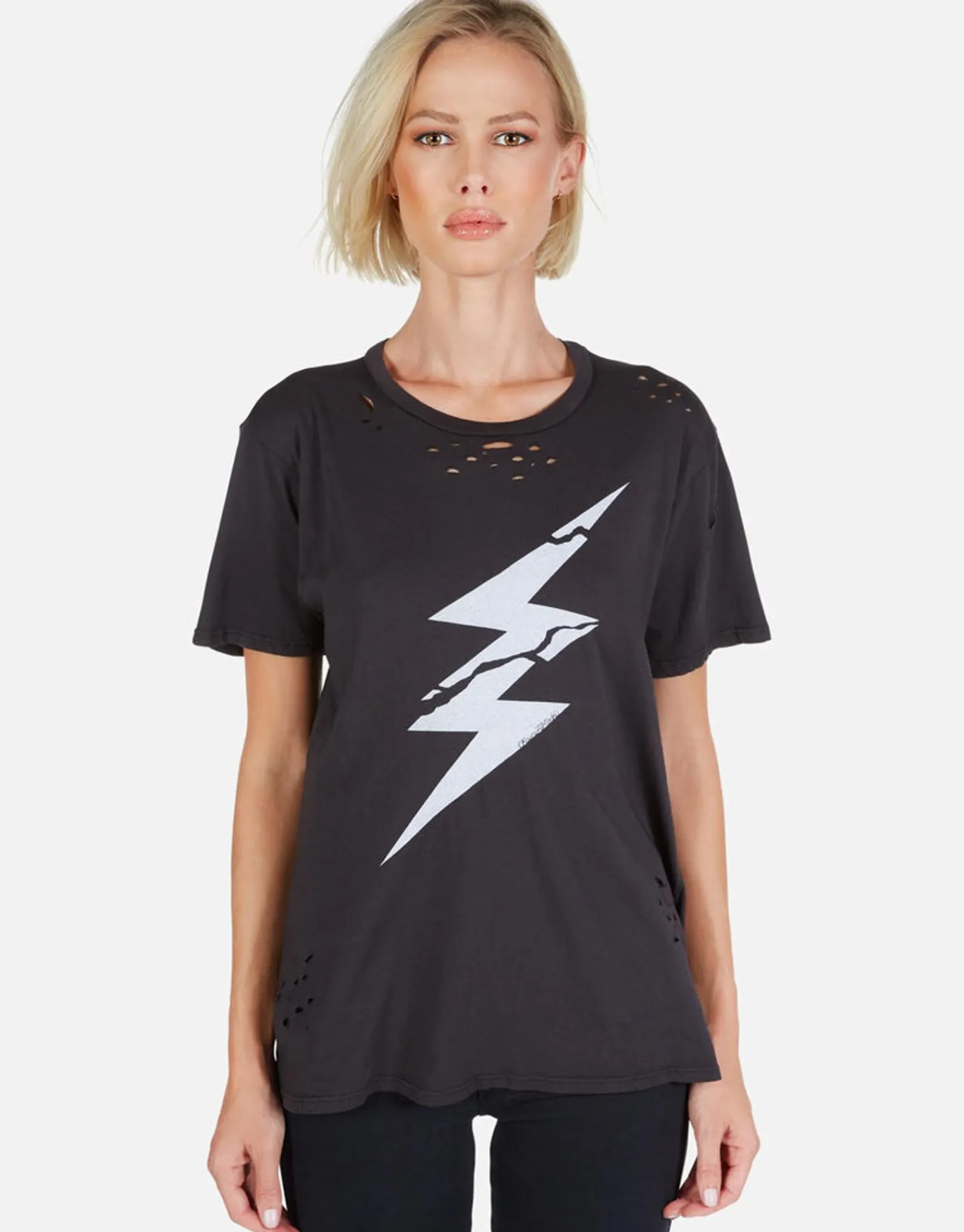 Cheap Cracked Lightning Bolt Distressed Tee W/ Holes | Wof By Women Short Sleeve