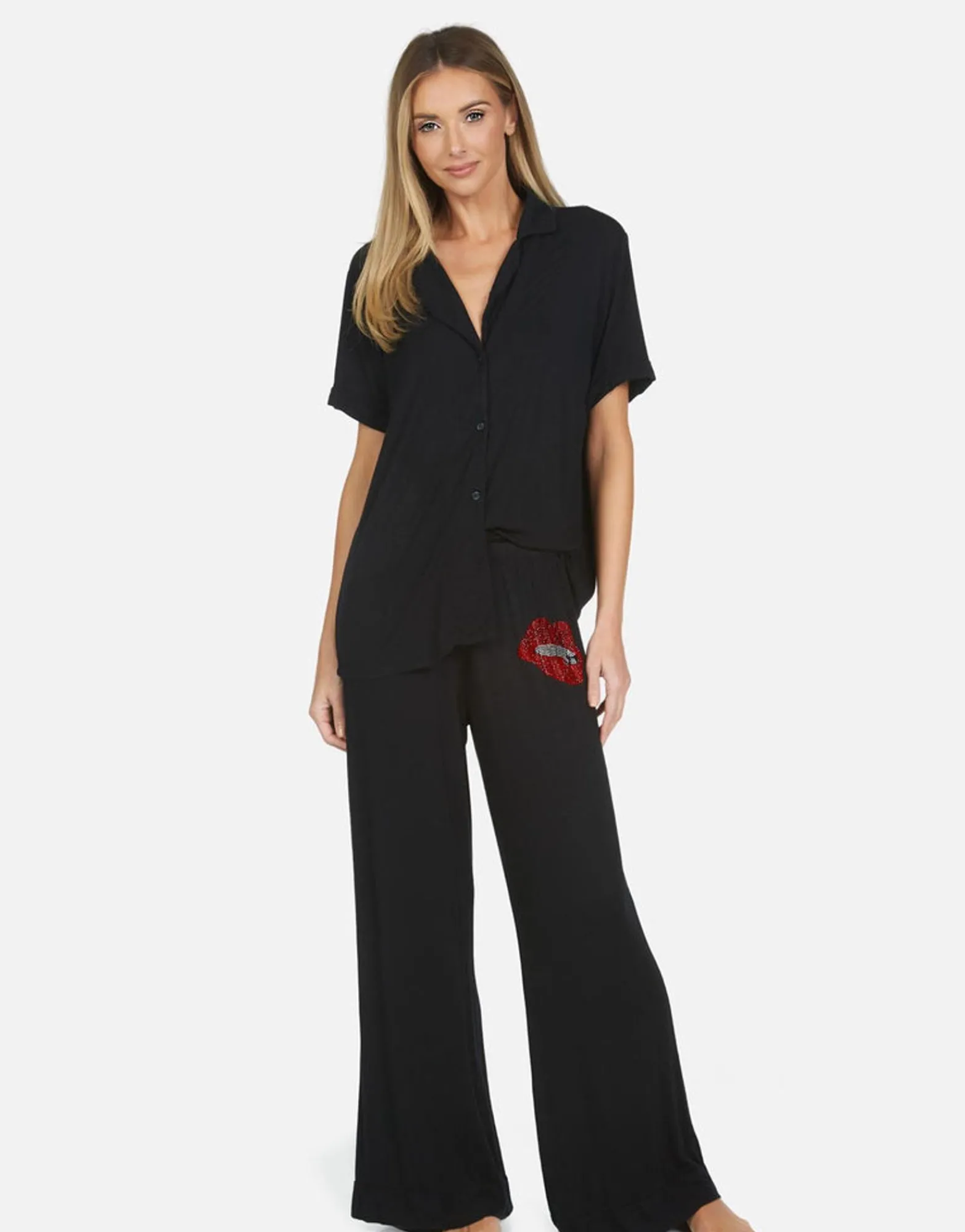 Fashion Crystal Biting Lip Pajama Set | Waverly By Women Short Sleeve