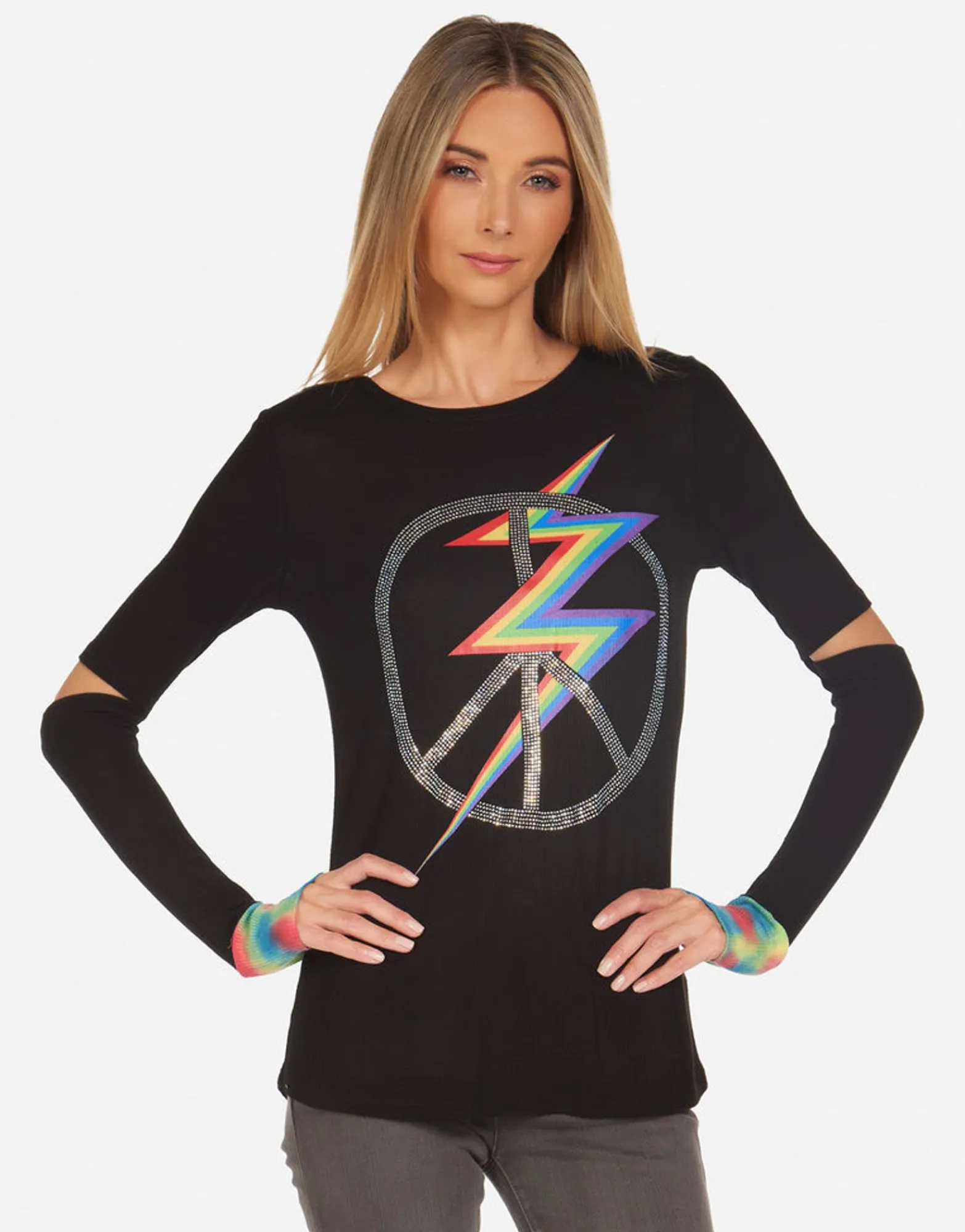 Discount Crystal Lightning Peace Fitted Top In Black | Adelita By Women Long Sleeve