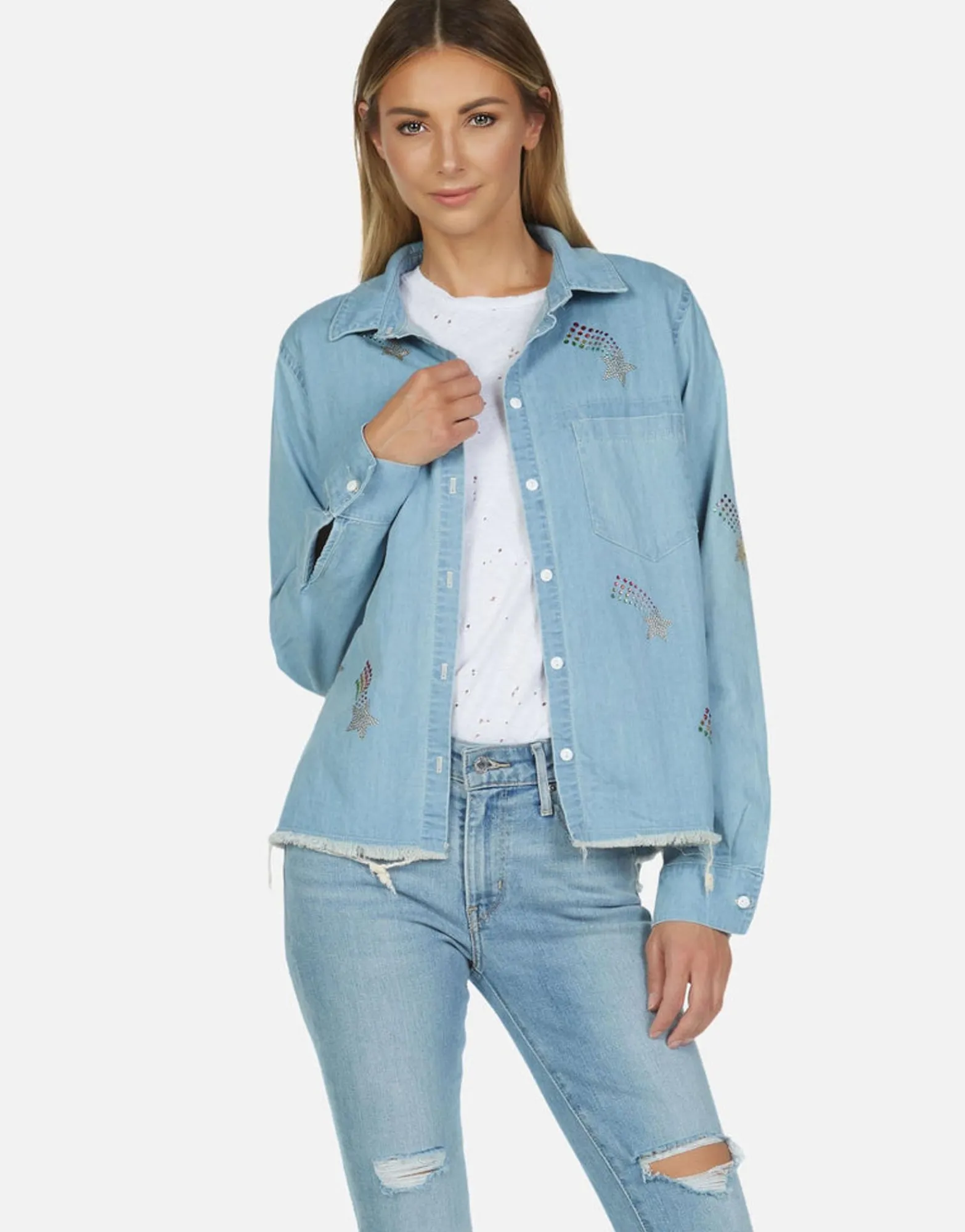 Best Sale Crystal Shooting Stars L/S Denim Shirt | Sloane By Women Long Sleeve