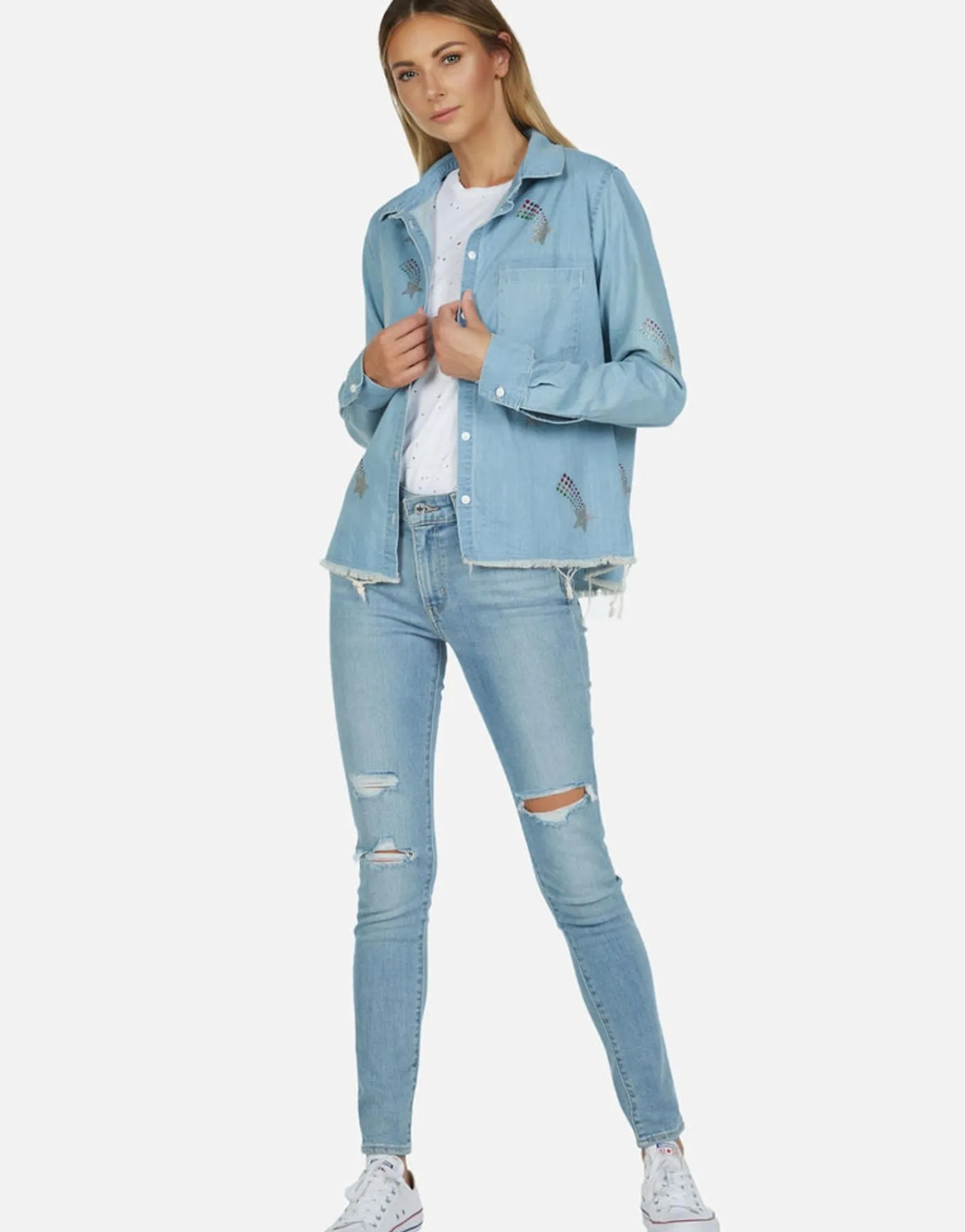Best Sale Crystal Shooting Stars L/S Denim Shirt | Sloane By Women Long Sleeve