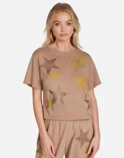 Sale Gold Crystal Multi Stars Boxy Crop Tee | Rue By Women Short Sleeve