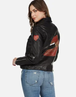 Hot Gold Foil Chain Lip Leather Moto Jacket | Posey By Women Long Sleeve