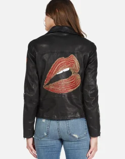 Hot Gold Foil Chain Lip Leather Moto Jacket | Posey By Women Long Sleeve