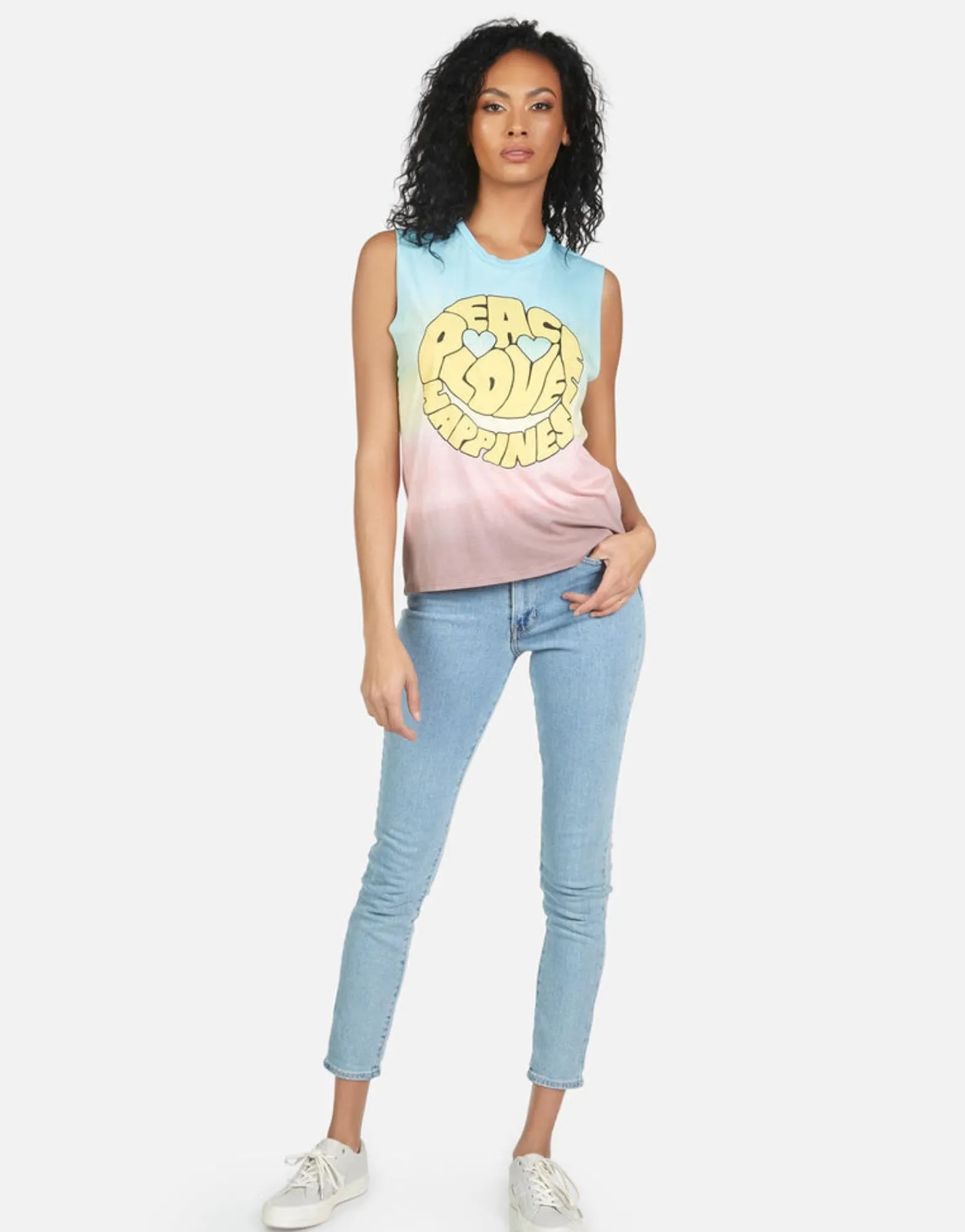 Outlet Kel Text Happy Face Women Tanks
