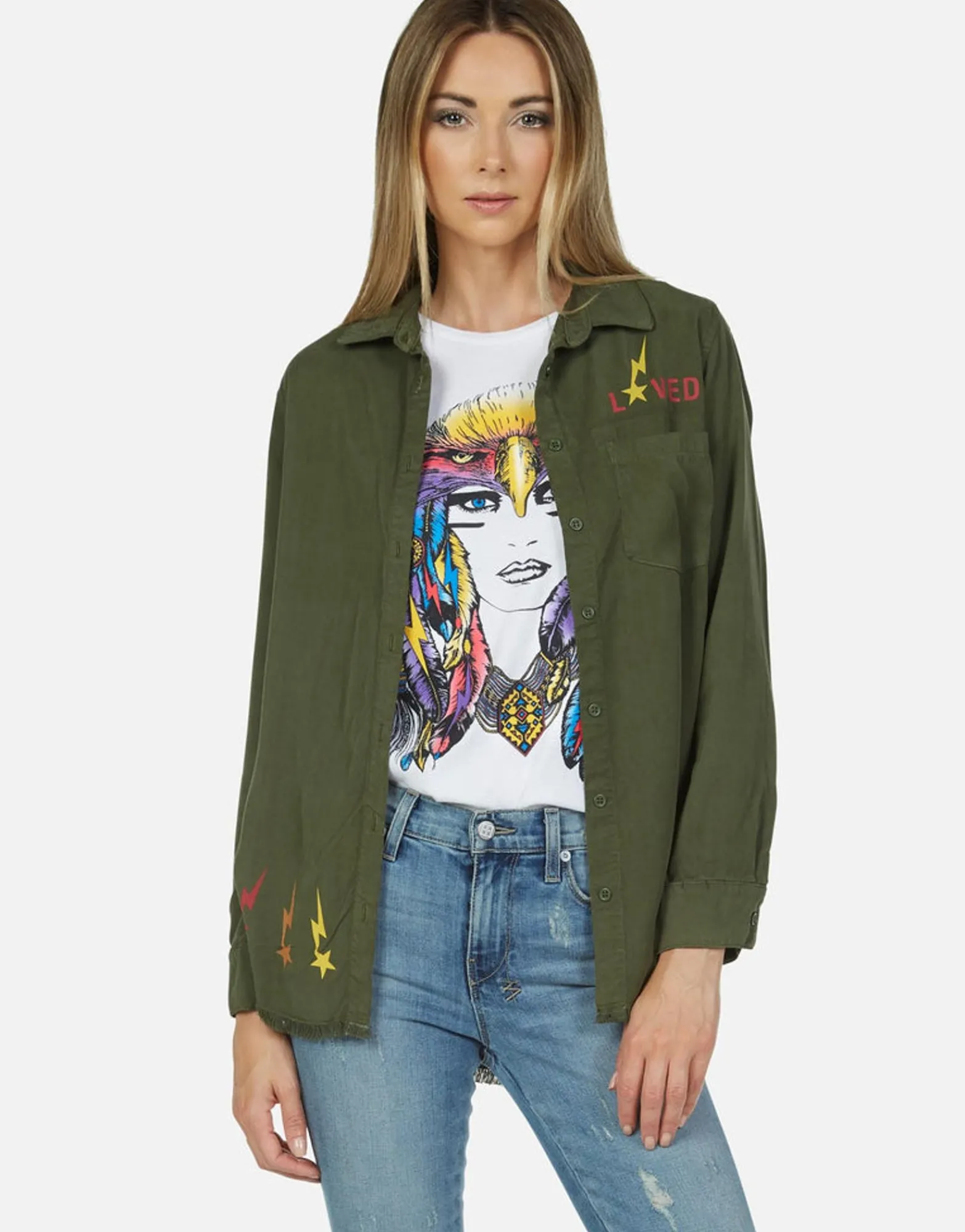 Sale Lady Rainbow Eagle Button Up Denim Shirt | Sloane By Women Long Sleeve
