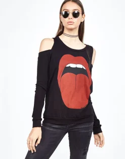 Hot Analise Red Tongue L/S Open Shoulder Pullover Top Women Long Sleeve