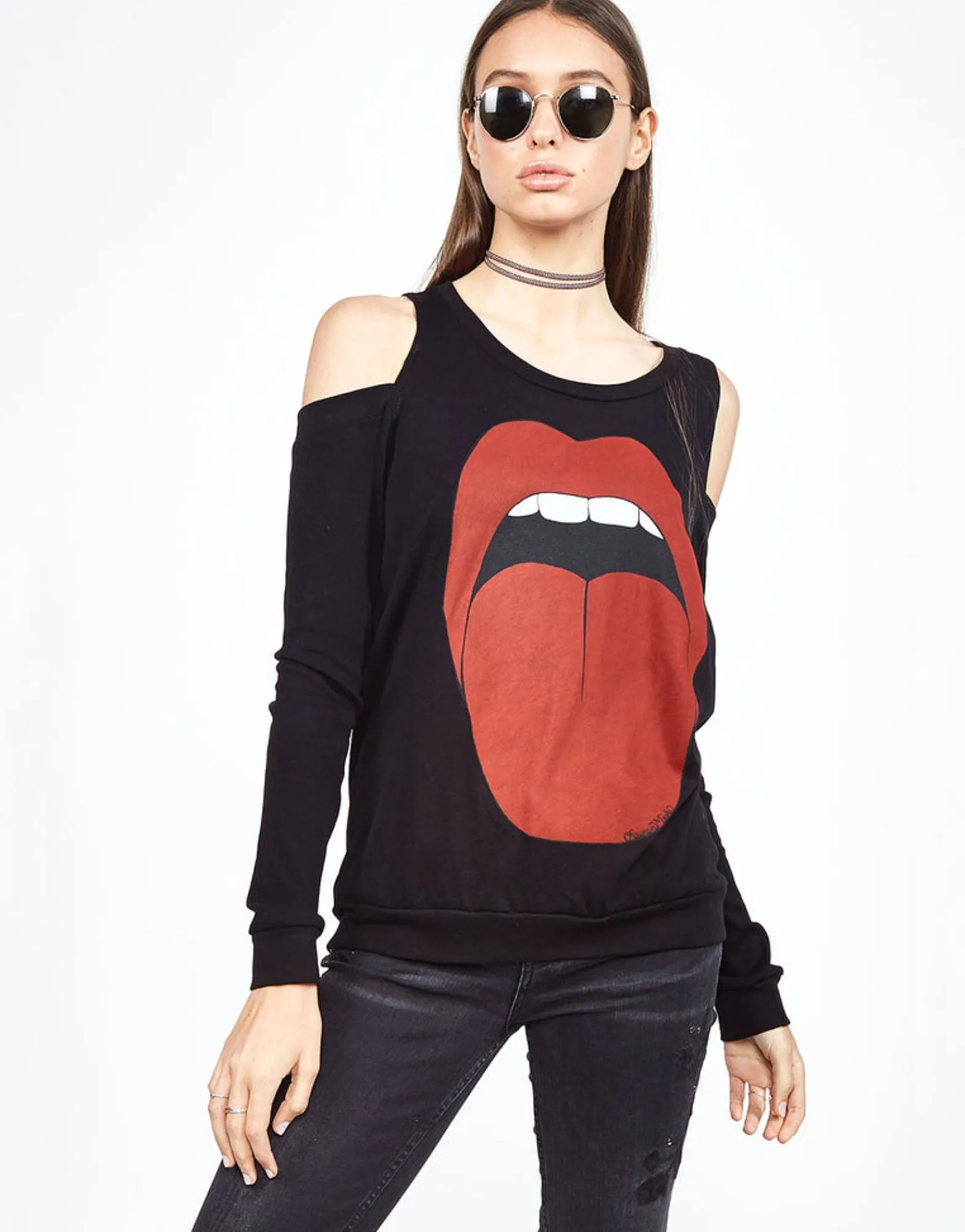 Hot Analise Red Tongue L/S Open Shoulder Pullover Top Women Long Sleeve