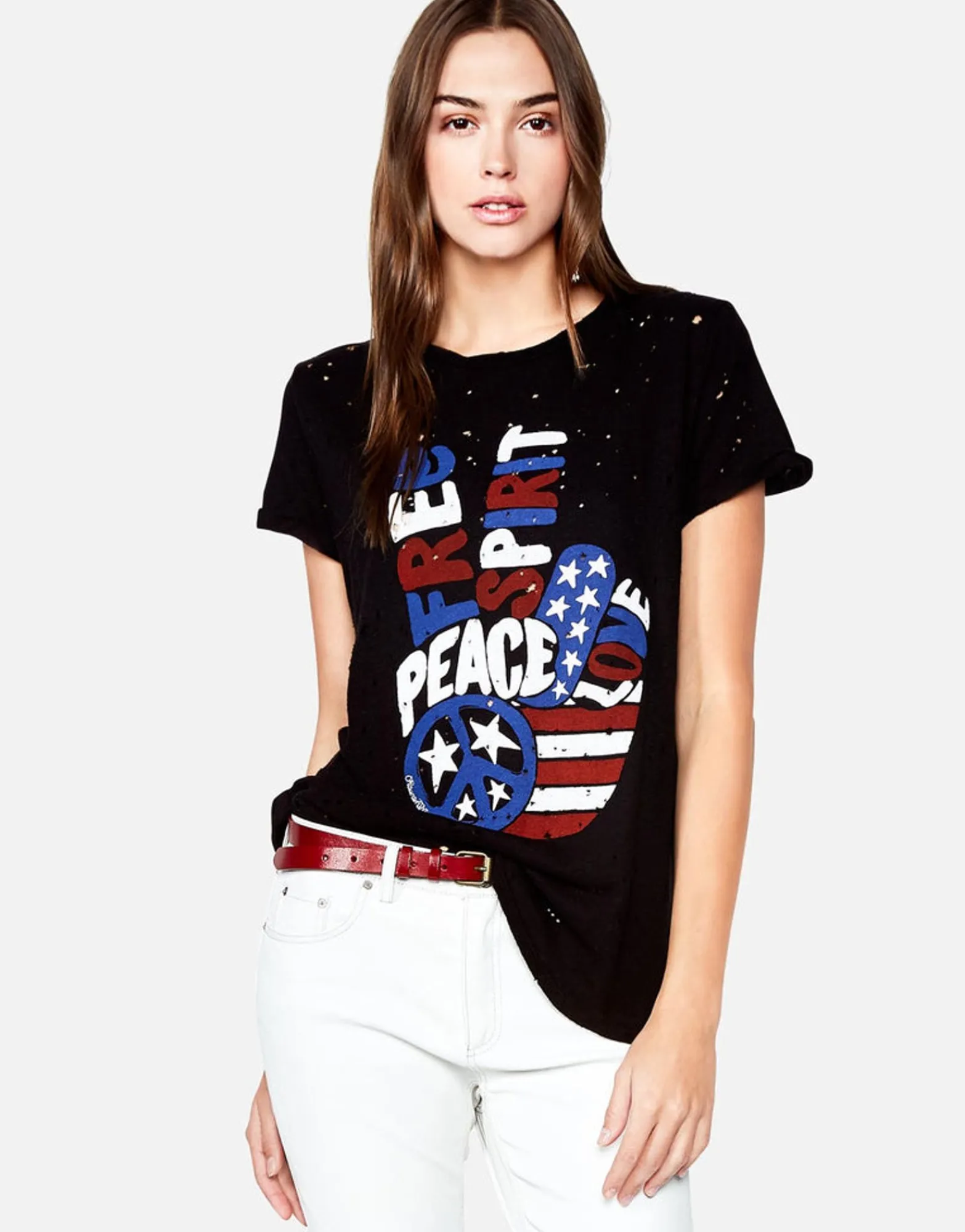 Sale Bess Free Spirit Peace Roll Up Slv Vintage Tee Women Short Sleeve