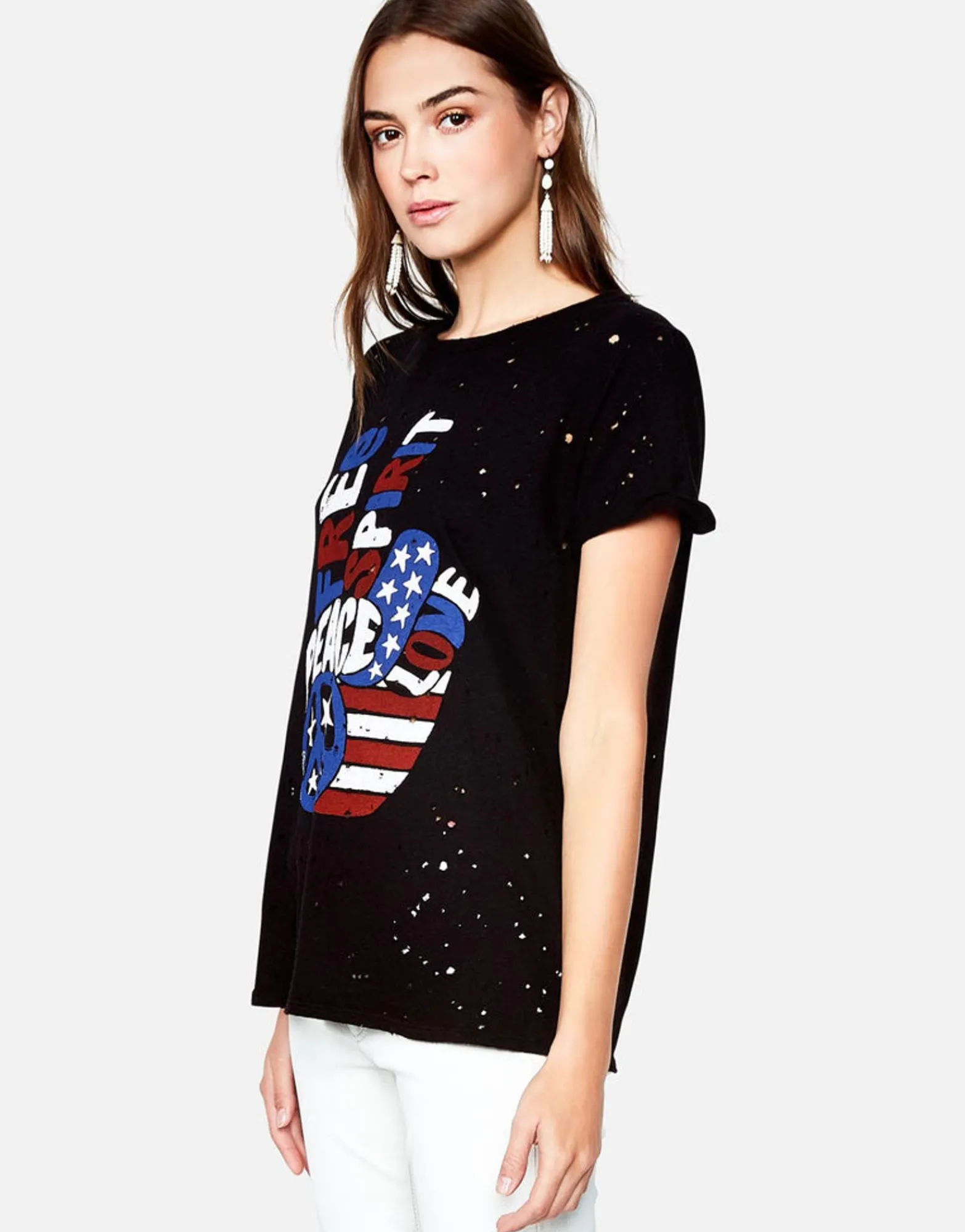 Sale Bess Free Spirit Peace Roll Up Slv Vintage Tee Women Short Sleeve