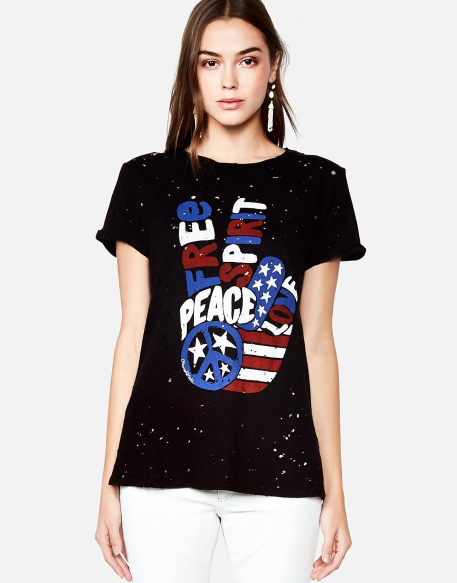 Sale Bess Free Spirit Peace Roll Up Slv Vintage Tee Women Short Sleeve