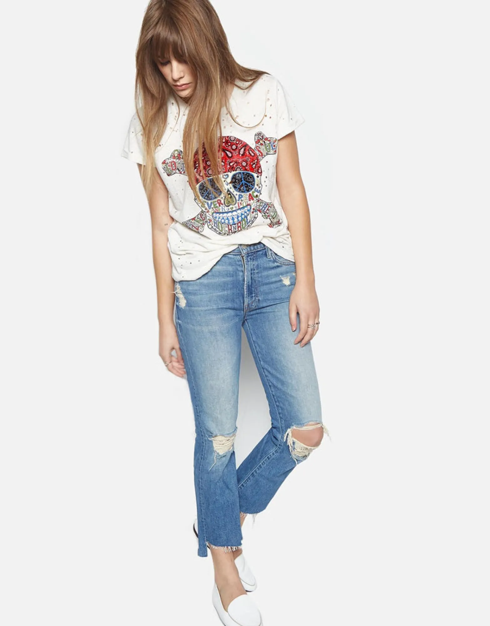 Best Bess Hippie Skull Roll Up Slv Vintage Tee Women Short Sleeve