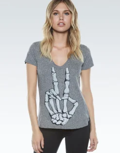 Outlet Emmalyn Skeleton Peace S/S V-Neck Scoop Raw Hem Tee Women Short Sleeve