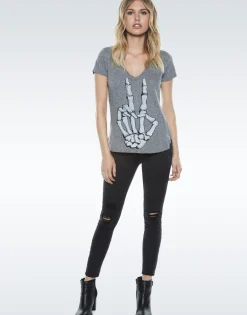 Outlet Emmalyn Skeleton Peace S/S V-Neck Scoop Raw Hem Tee Women Short Sleeve