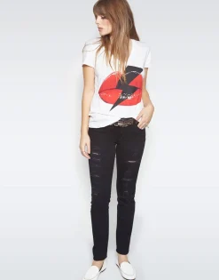 Hot Niya Lightning Bolt Lip S/S V-Neck Tee W/ Side Slits Women Short Sleeve