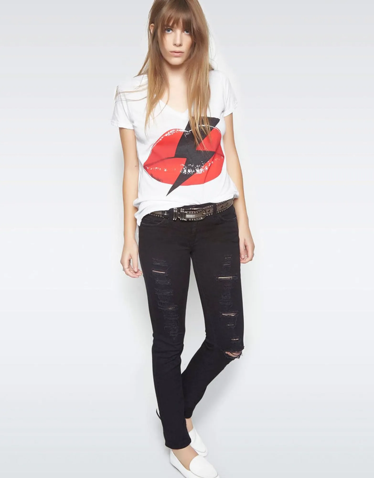 Hot Niya Lightning Bolt Lip S/S V-Neck Tee W/ Side Slits Women Short Sleeve