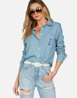 New Sloane Love You Forevers L/S Button Up Denim Shirt Women Long Sleeve