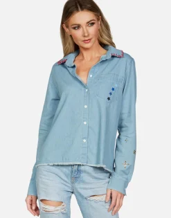 New Sloane Love You Forevers L/S Button Up Denim Shirt Women Long Sleeve