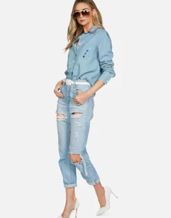 New Sloane Love You Forevers L/S Button Up Denim Shirt Women Long Sleeve