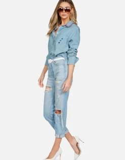 New Sloane Love You Forevers L/S Button Up Denim Shirt Women Long Sleeve