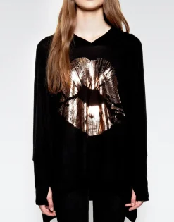Store Wilma Rose Gold Foil Lip Oversized Pullover W/ Hood Women Hoodies