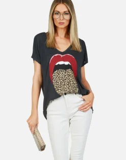 Shop Leopard Tongue Ss V-Neck Tee | April By Women Short Sleeve
