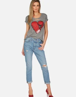 Fashion Love Boxing Glove S/S Distressed Tee | Myra By Women Short Sleeve