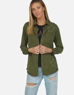 Flash Sale Neon Stud Star Button Up Denim Shirt | Sloane By Women Long Sleeve