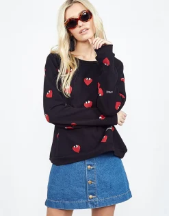 Outlet Noleta Allover Mini Heartface L/S Vintage Pullover - Women Long Sleeve
