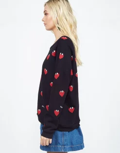 Outlet Noleta Allover Mini Heartface L/S Vintage Pullover - Women Long Sleeve