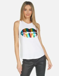 Flash Sale Peyton Rainbow Foil Lightning Lip Women Tanks