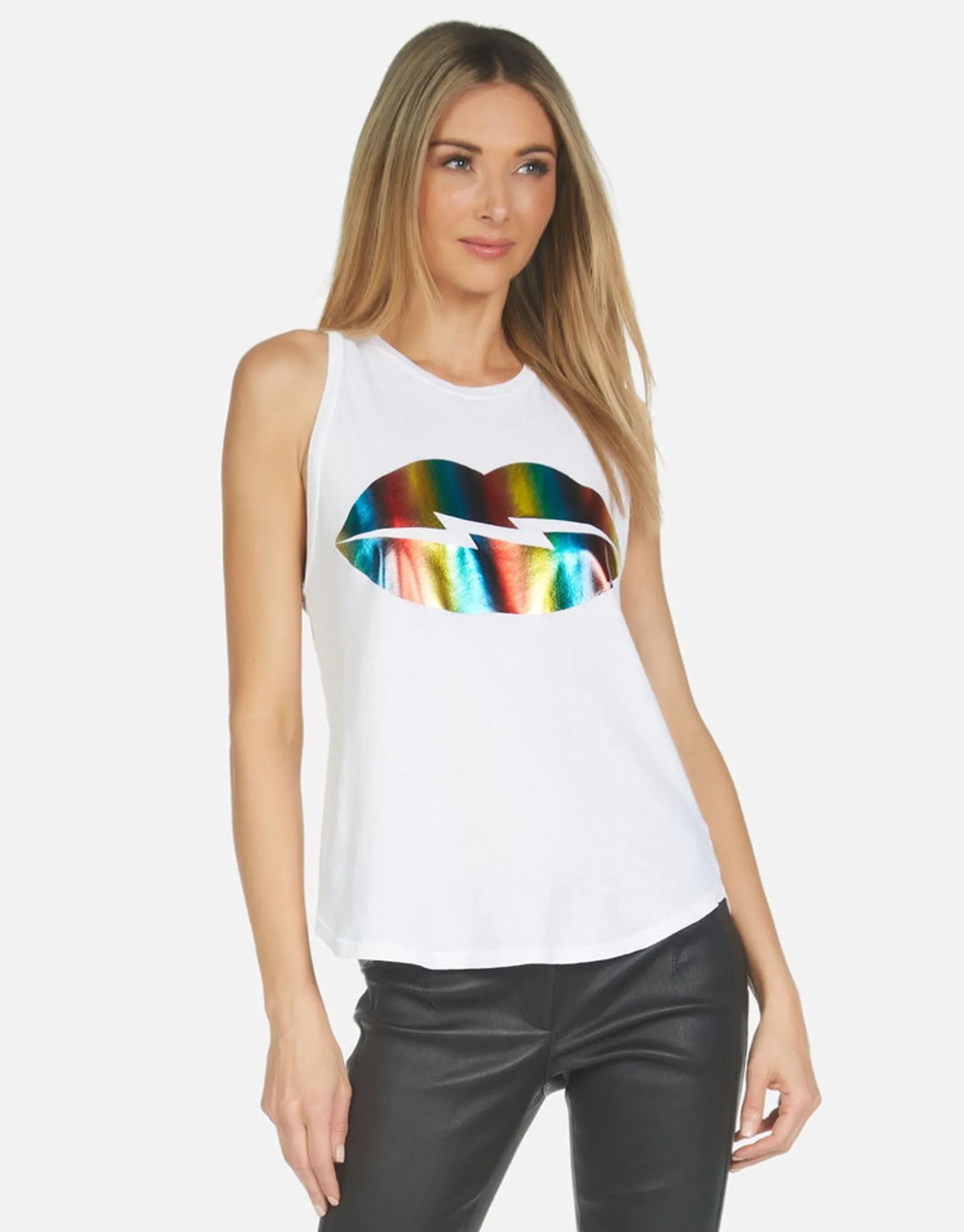 Flash Sale Peyton Rainbow Foil Lightning Lip Women Tanks