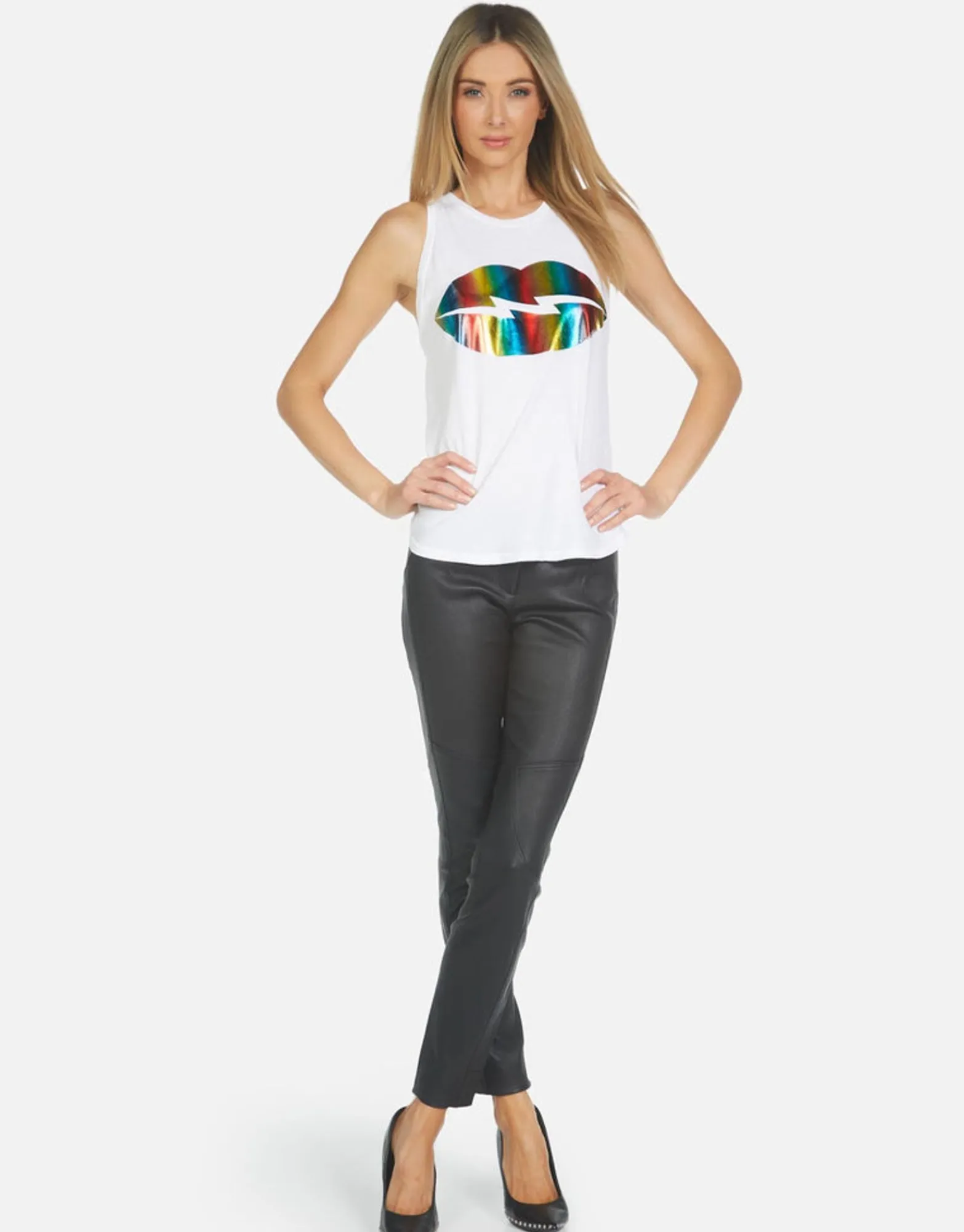 Flash Sale Peyton Rainbow Foil Lightning Lip Women Tanks