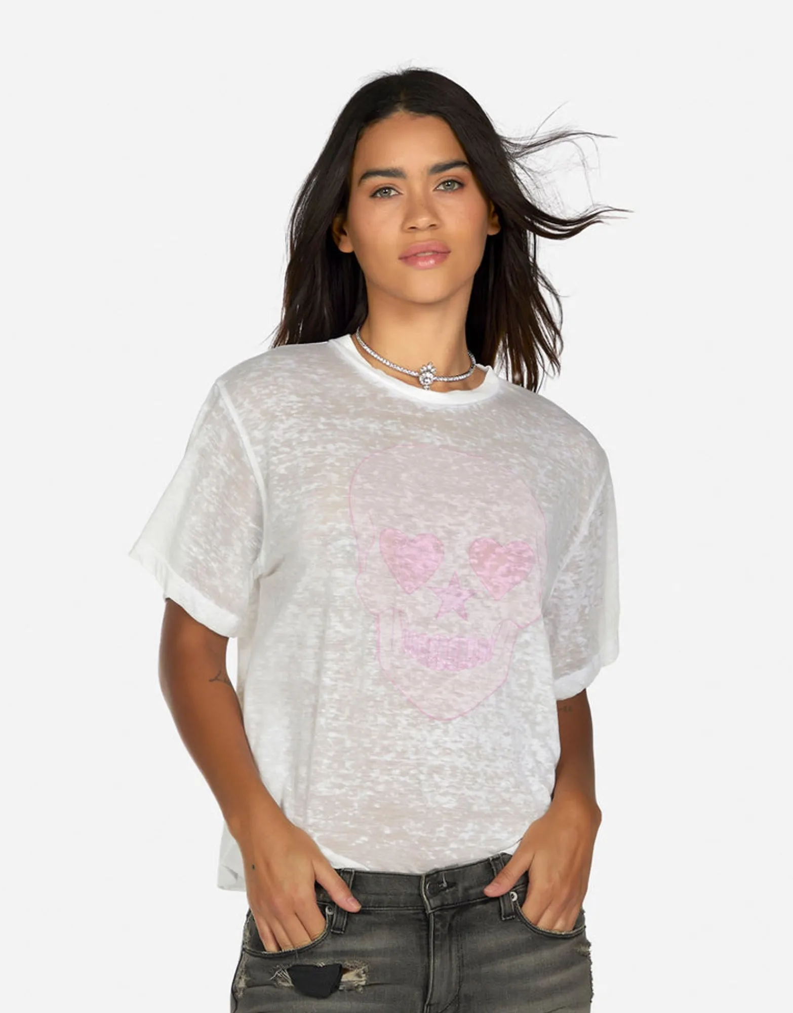 Cheap Pink Peace Love Skull Boyfriend T-Shirt | Linnea By Women Short Sleeve