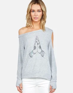 Clearance Prayer Hands L/S Scoop Neck Off Shoulder Pullover By Women Long Sleeve