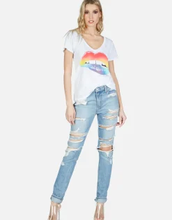 Best Sale Rainbow Biting Lip S/S V-Neck Tee | Cruz By Women Short Sleeve