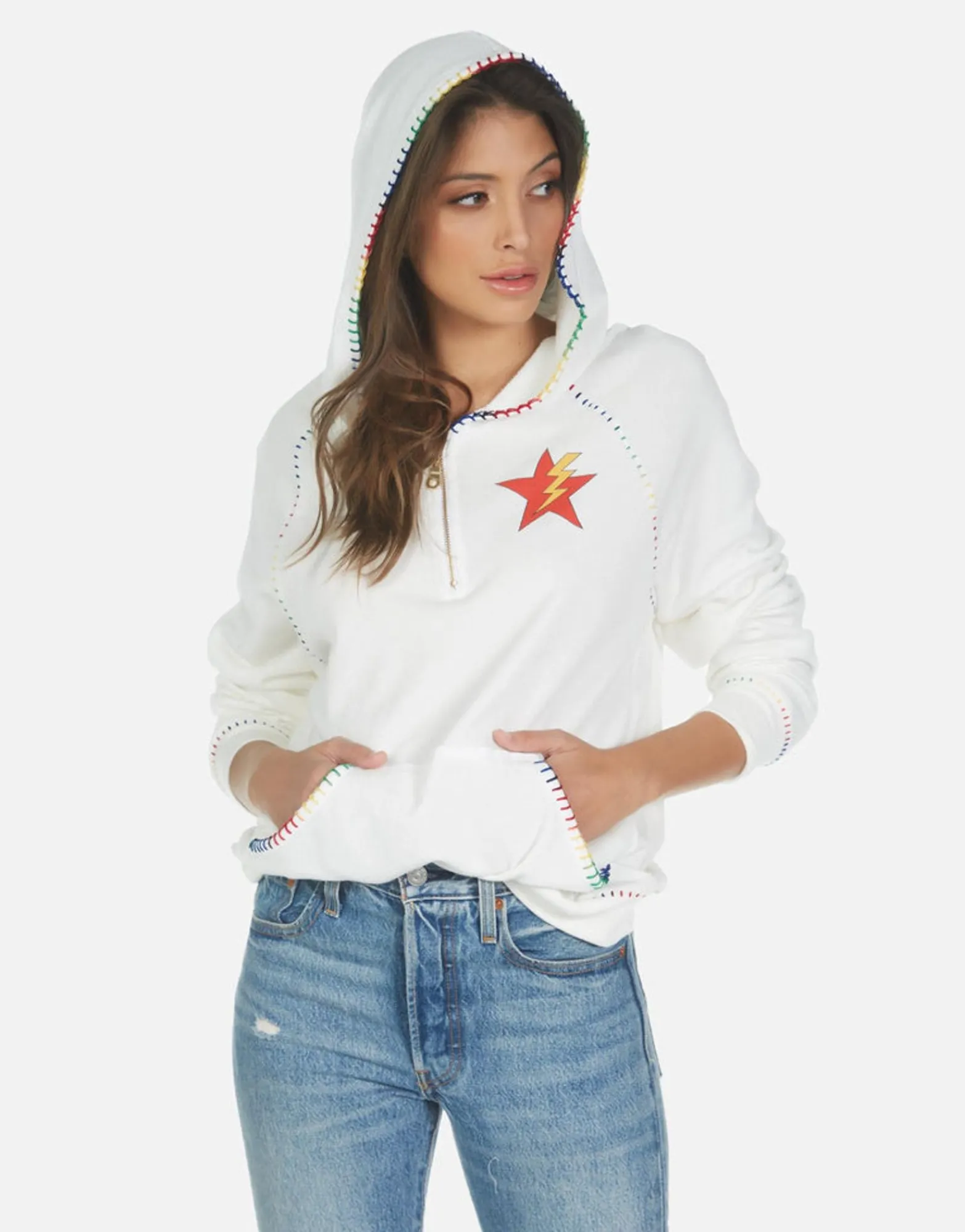 Cheap Rainbow Lightning Eye Half Zip Hoodie | Dezi By Women Hoodies