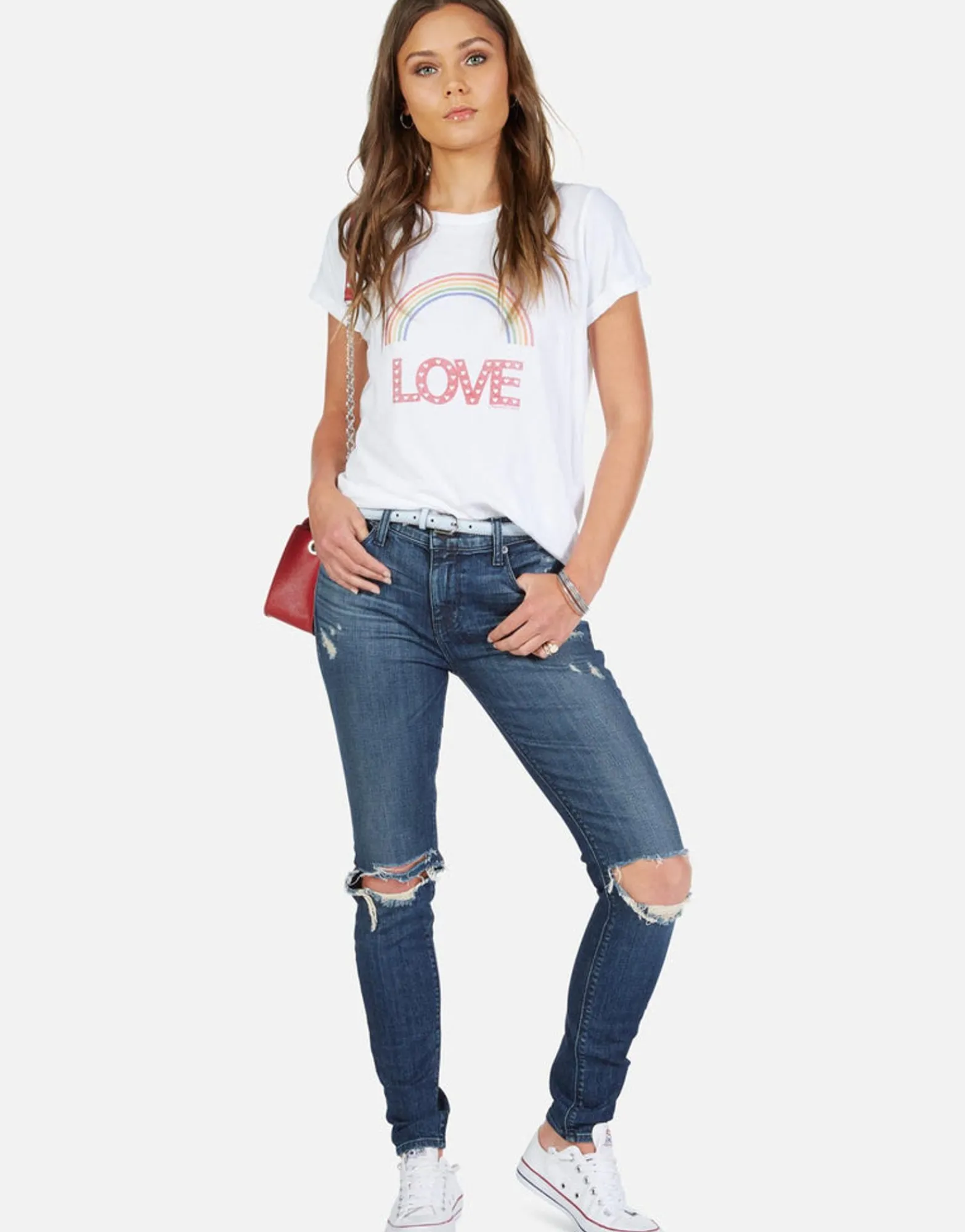 Fashion Rainbow Love Vintage Roll Up Sleeve Tee | Edda By Women Short Sleeve