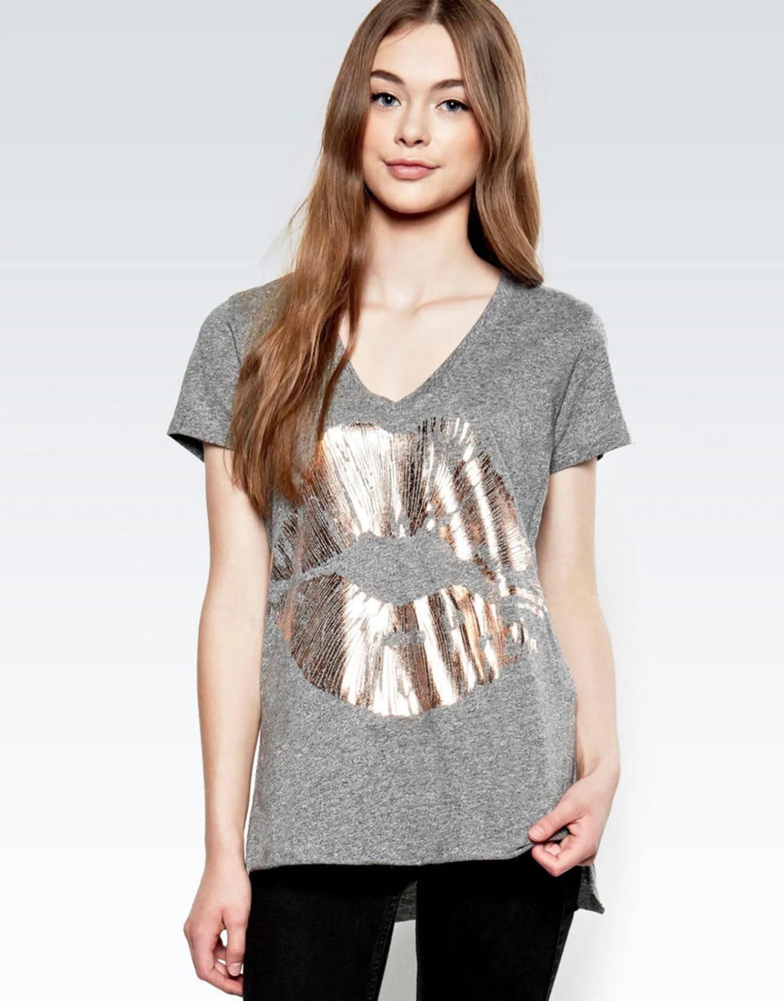 Cheap Rose Gold Foil Lip S/S V-Neck Tee | Emmalyn By Women Short Sleeve