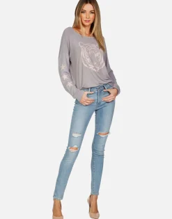 Fashion Tiger Face Stars L/S Pullover | Brenna By Women Long Sleeve