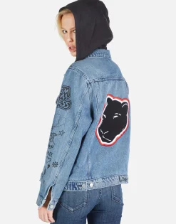 Clearance Varsity Panther Denim Boyfriend Jacket W/ Hood By Women Jackets