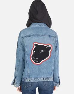 Clearance Varsity Panther Denim Boyfriend Jacket W/ Hood By Women Jackets