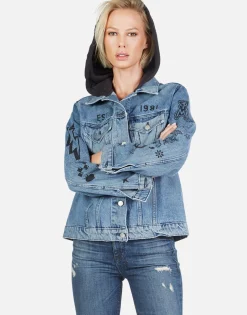 Clearance Varsity Panther Denim Boyfriend Jacket W/ Hood By Women Jackets